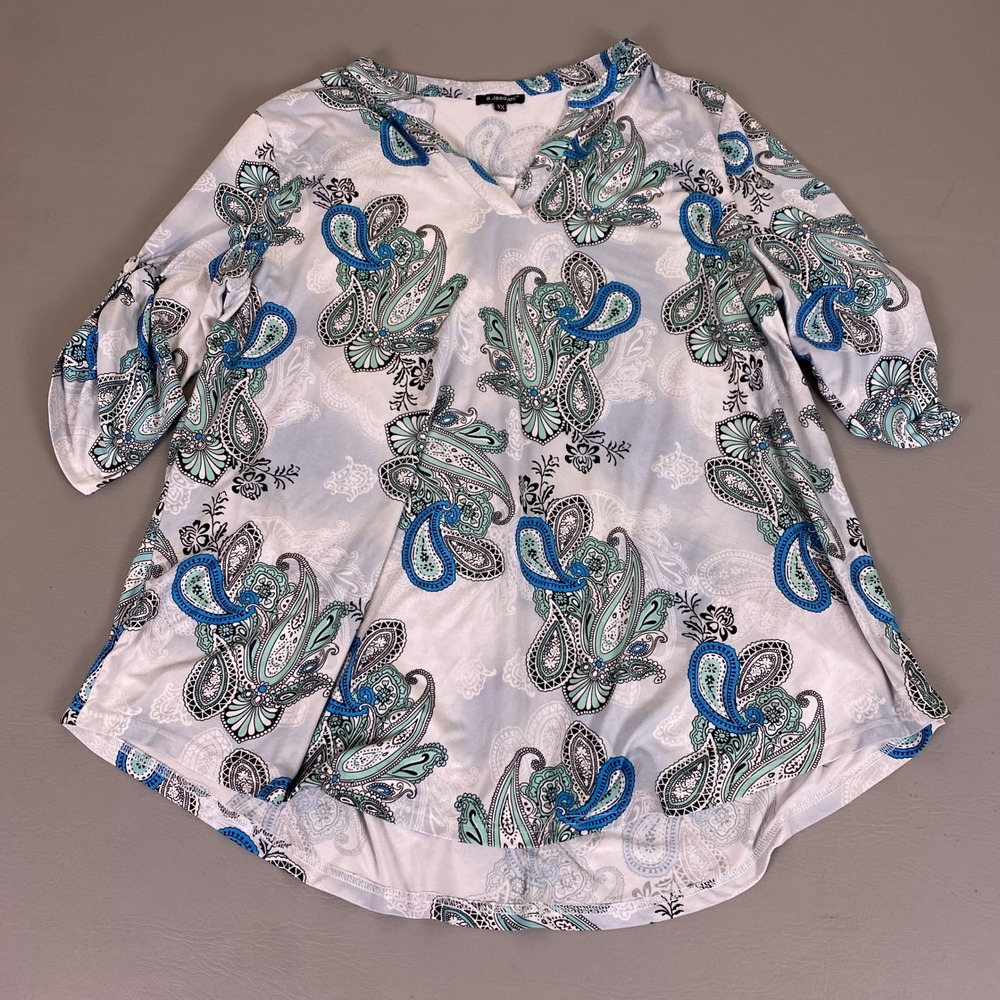 a.Jesdani Tunic Top Womens 3X Paisley Blue Teal V-Neck 3/4 Sleeve Stretch Blouse